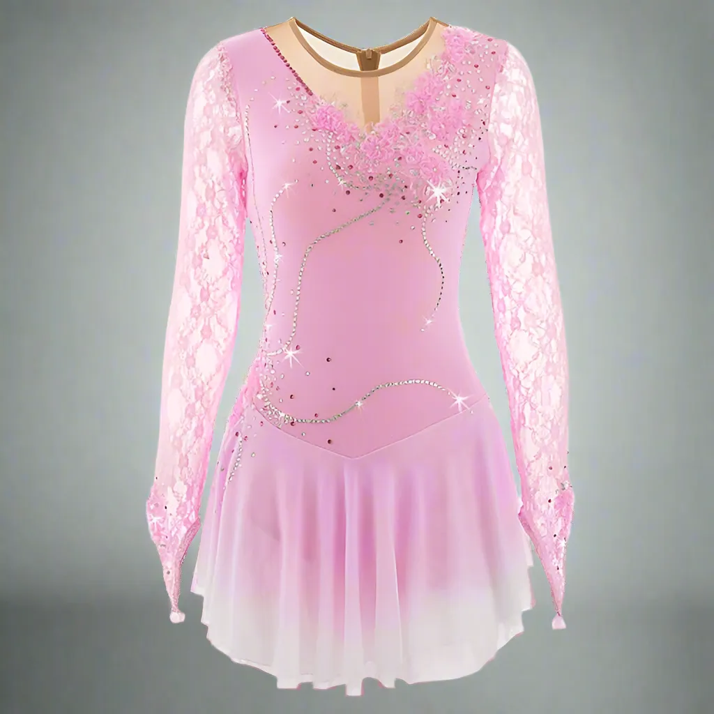 Competition Figure Skating Dress Pink Long Sleeves with Crystals BSU200214.2