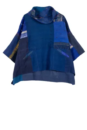 COTTON SILK SW PATCH KANTHA COWL NECK PONCHO - ws2061-blu -