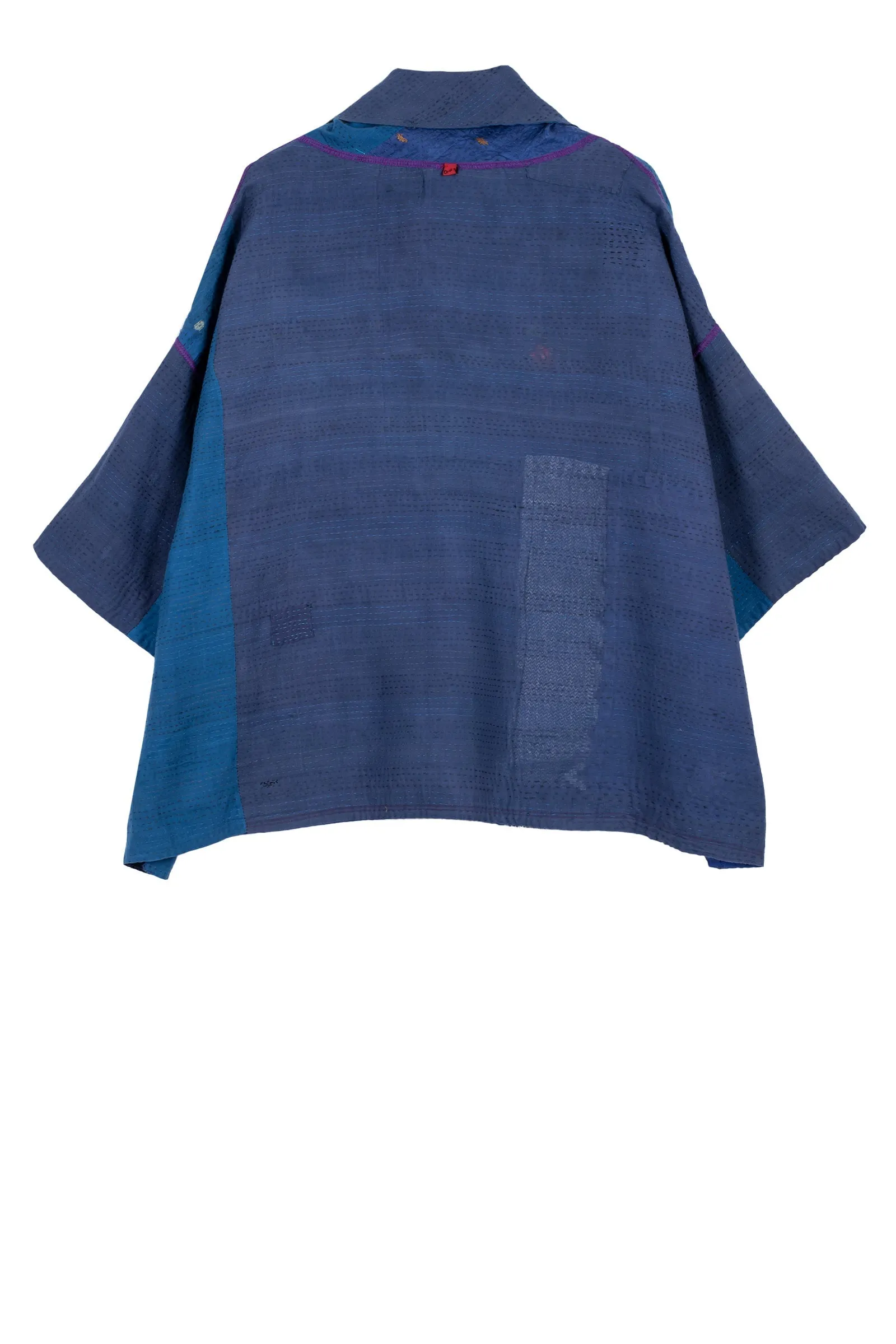 COTTON SILK SW PATCH KANTHA COWL NECK PONCHO - ws2061-blu -