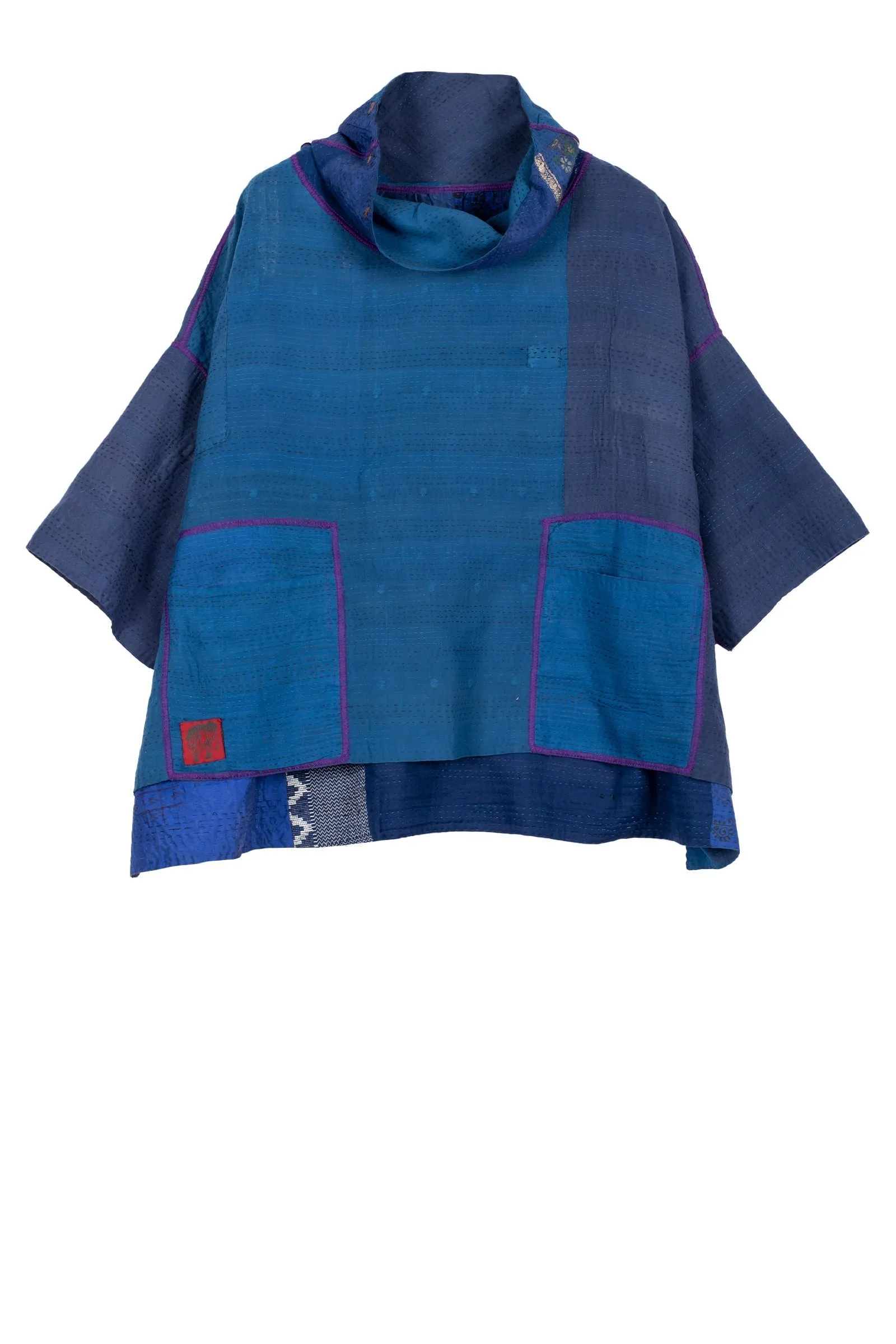 COTTON SILK SW PATCH KANTHA COWL NECK PONCHO - ws2061-blu -