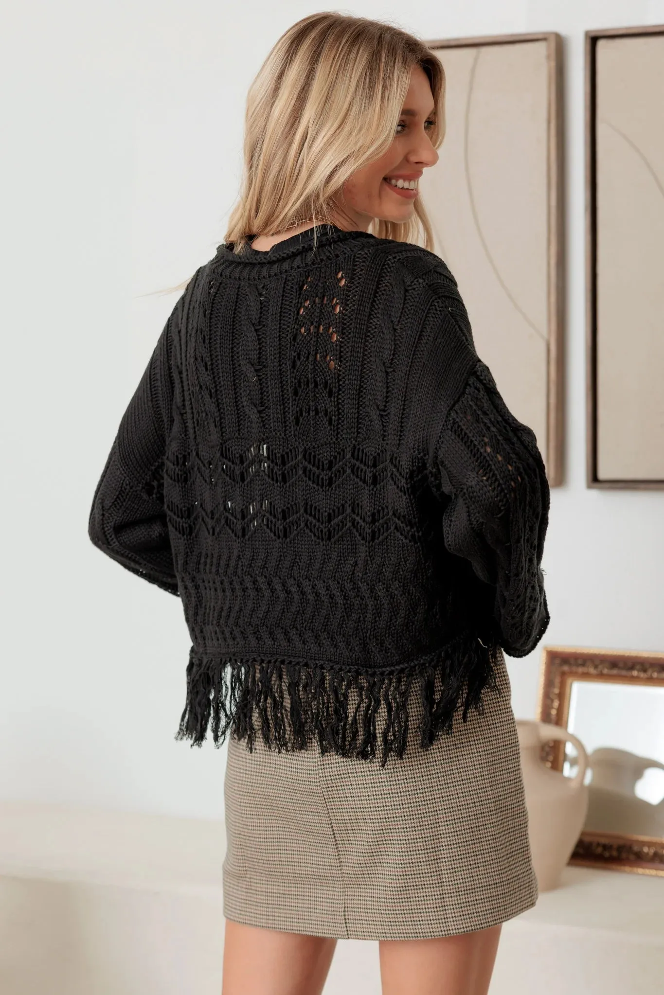 Crochet Hollow Out Fringe Long Sleeve Sweater