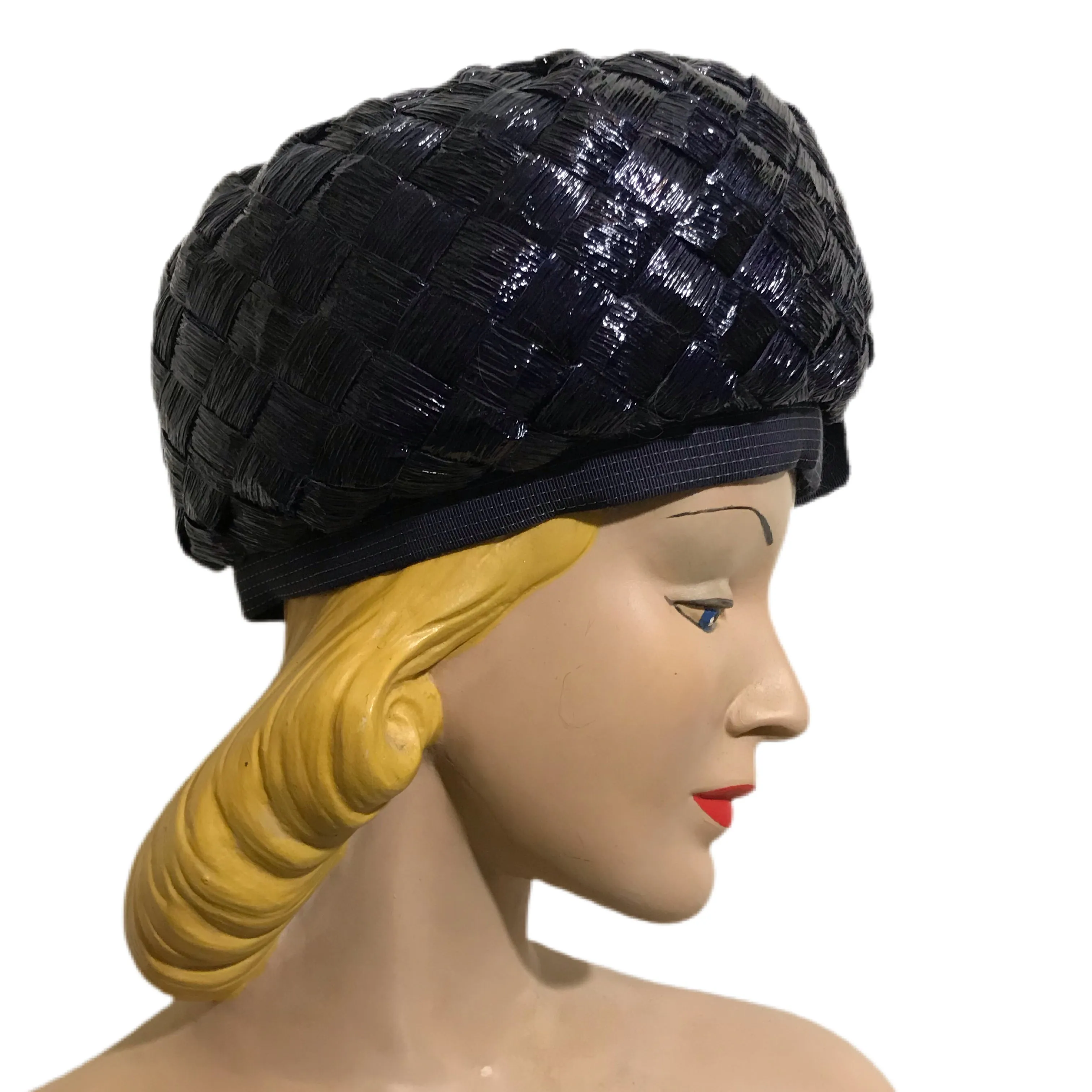 Deep Blue Mod Glossy Sisal Tall Pillbox Hat with Bow Hat circa 1960s