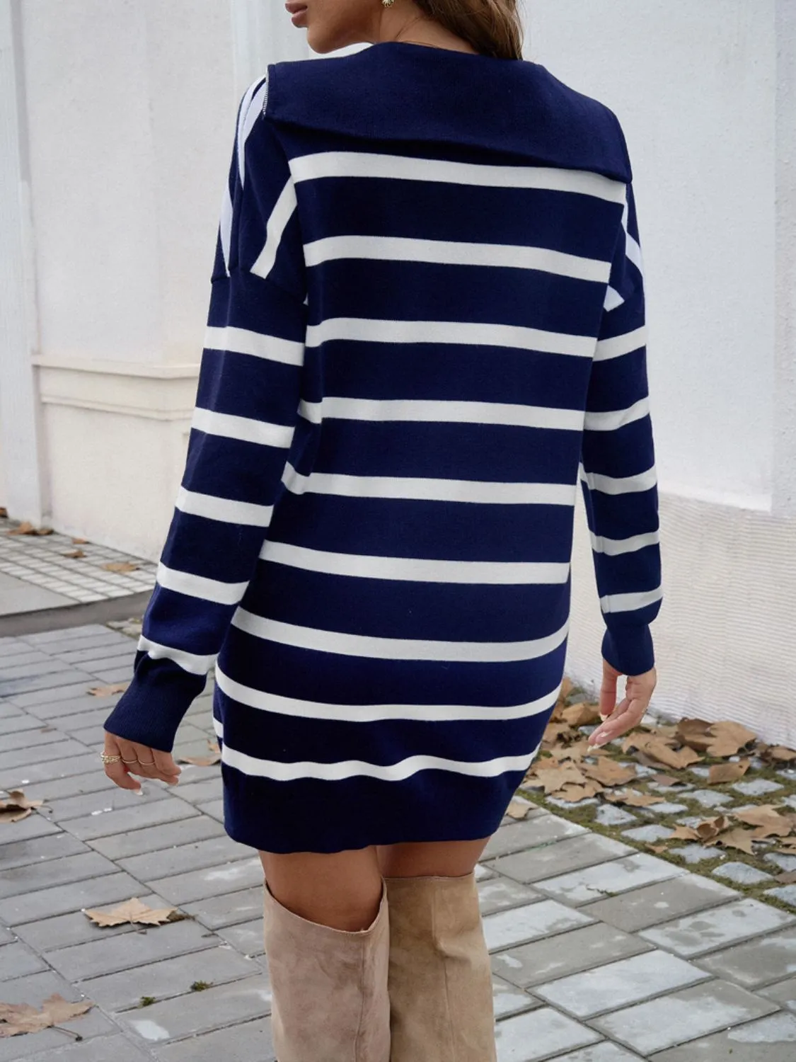 Devine Quarter Zip Striped Long Sleeve Sweater Dress