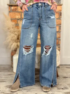 Distressed Front Slit Wide Leg Carpenter Jeans