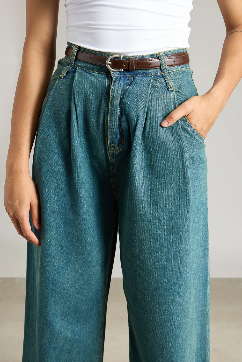 Double Belted Denim Wide Leg Jeans