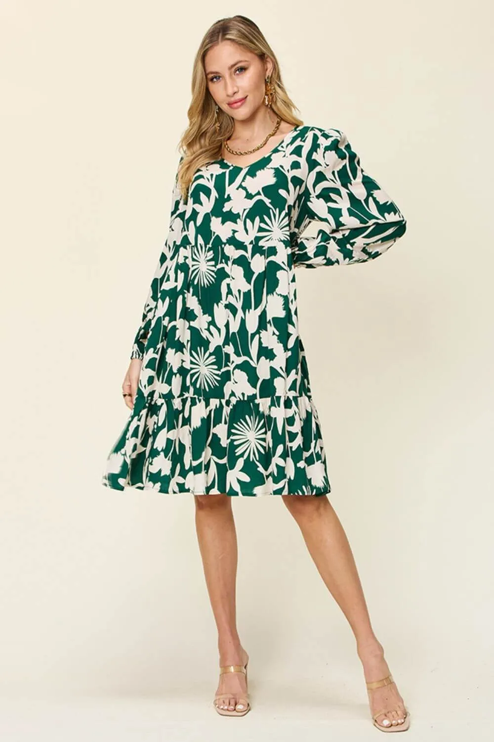 Double Take Full Size Printed Ruffle Hem Dress with Pocket