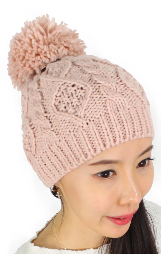 EHT10027 Cable Knit Pom Pom Beanie Hat