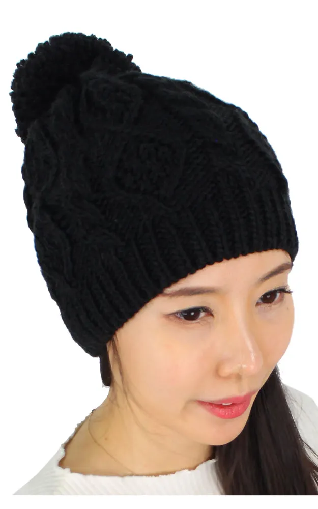 EHT10027 Cable Knit Pom Pom Beanie Hat