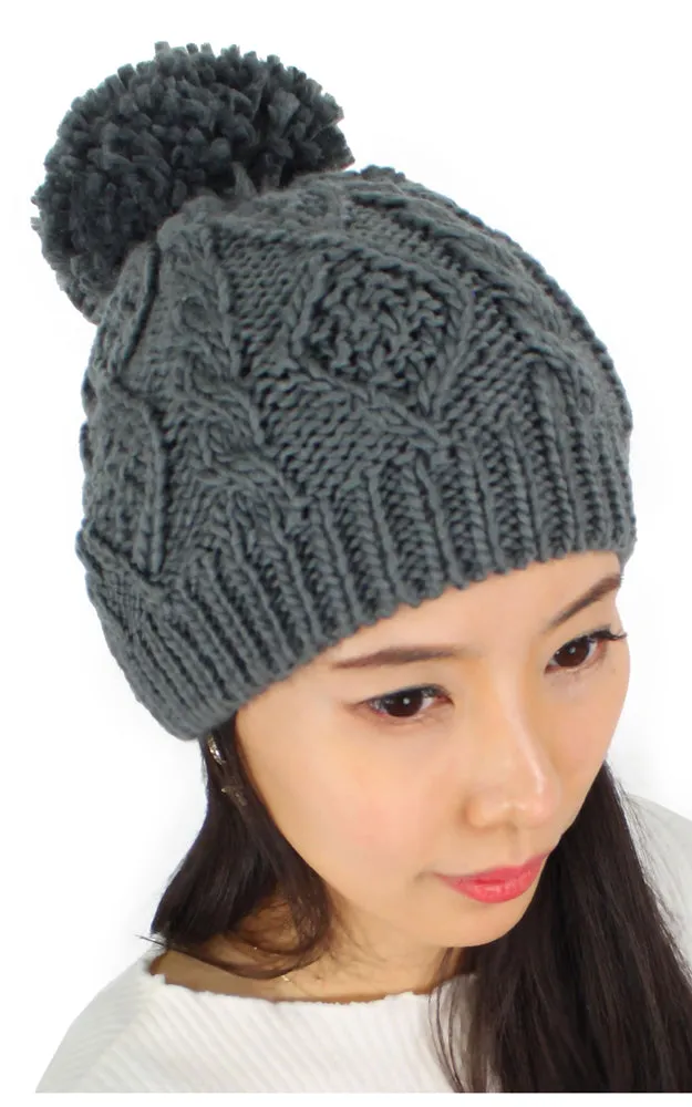 EHT10027 Cable Knit Pom Pom Beanie Hat