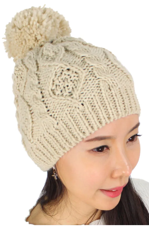 EHT10027 Cable Knit Pom Pom Beanie Hat