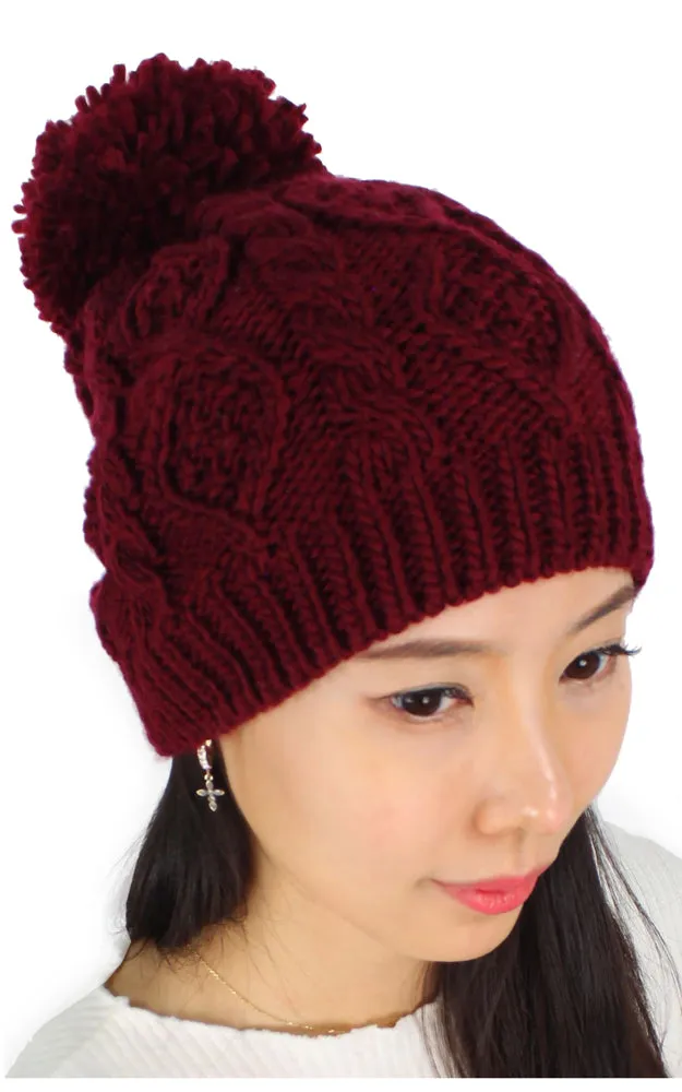 EHT10027 Cable Knit Pom Pom Beanie Hat