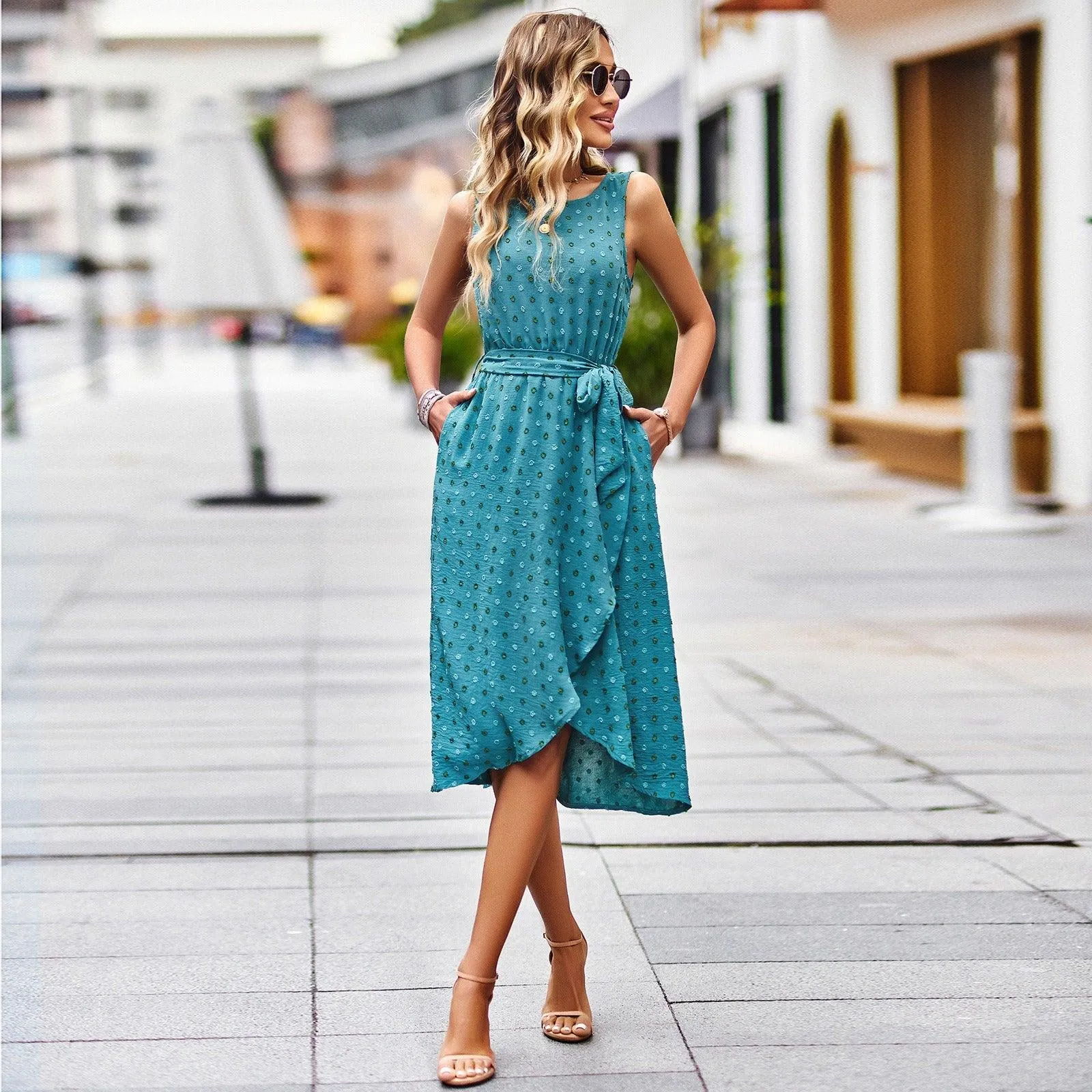 Elegant Jacquard Sleeveless Tank Top Midi Dress