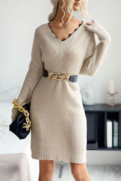 elveswallet Lace Stitching V-neck mid-length Sweater Dress