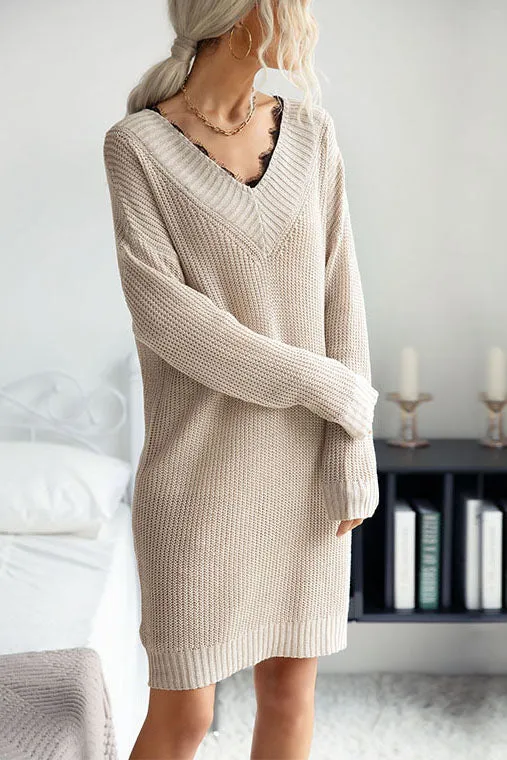 elveswallet Lace Stitching V-neck mid-length Sweater Dress