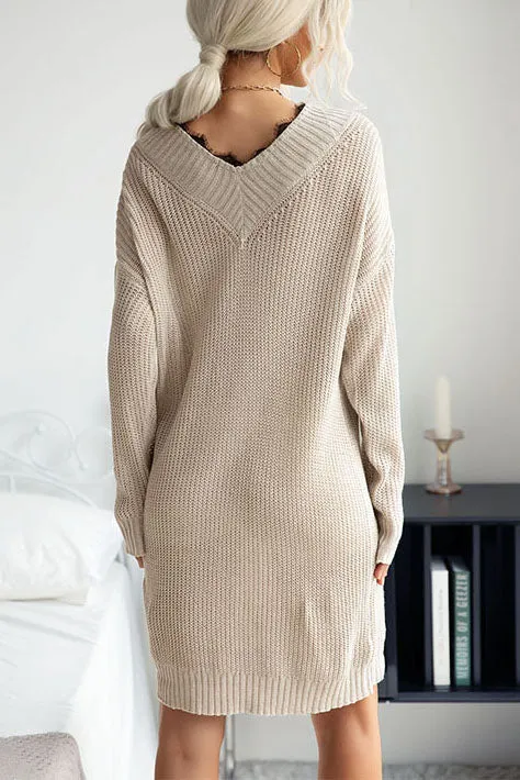 elveswallet Lace Stitching V-neck mid-length Sweater Dress