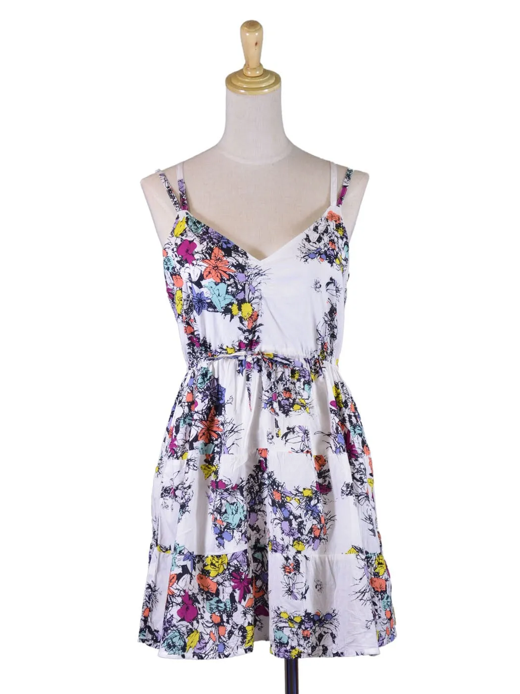 En Creme Adorable Colorful Floral Prints Double Straps Tie Waist Babydoll Dress