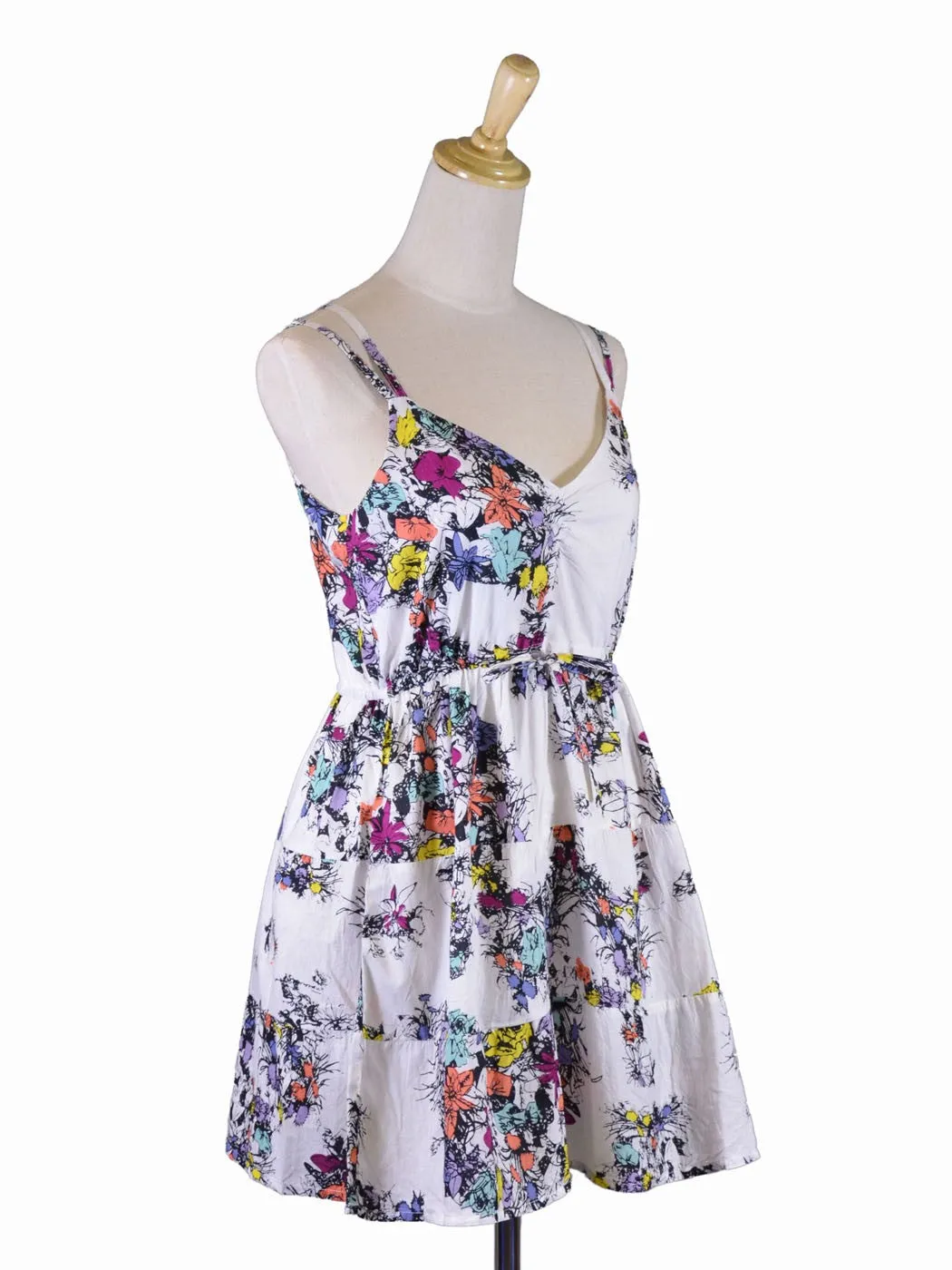 En Creme Adorable Colorful Floral Prints Double Straps Tie Waist Babydoll Dress