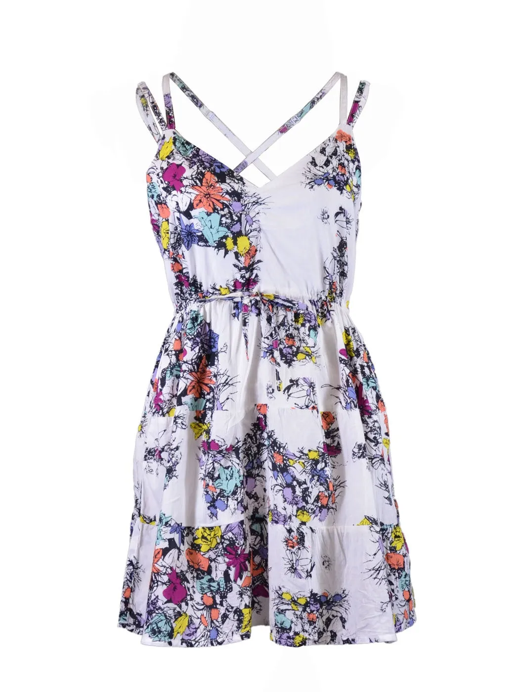 En Creme Adorable Colorful Floral Prints Double Straps Tie Waist Babydoll Dress