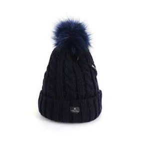 Faux Fur Aran Pom Pom Beanie - Navy