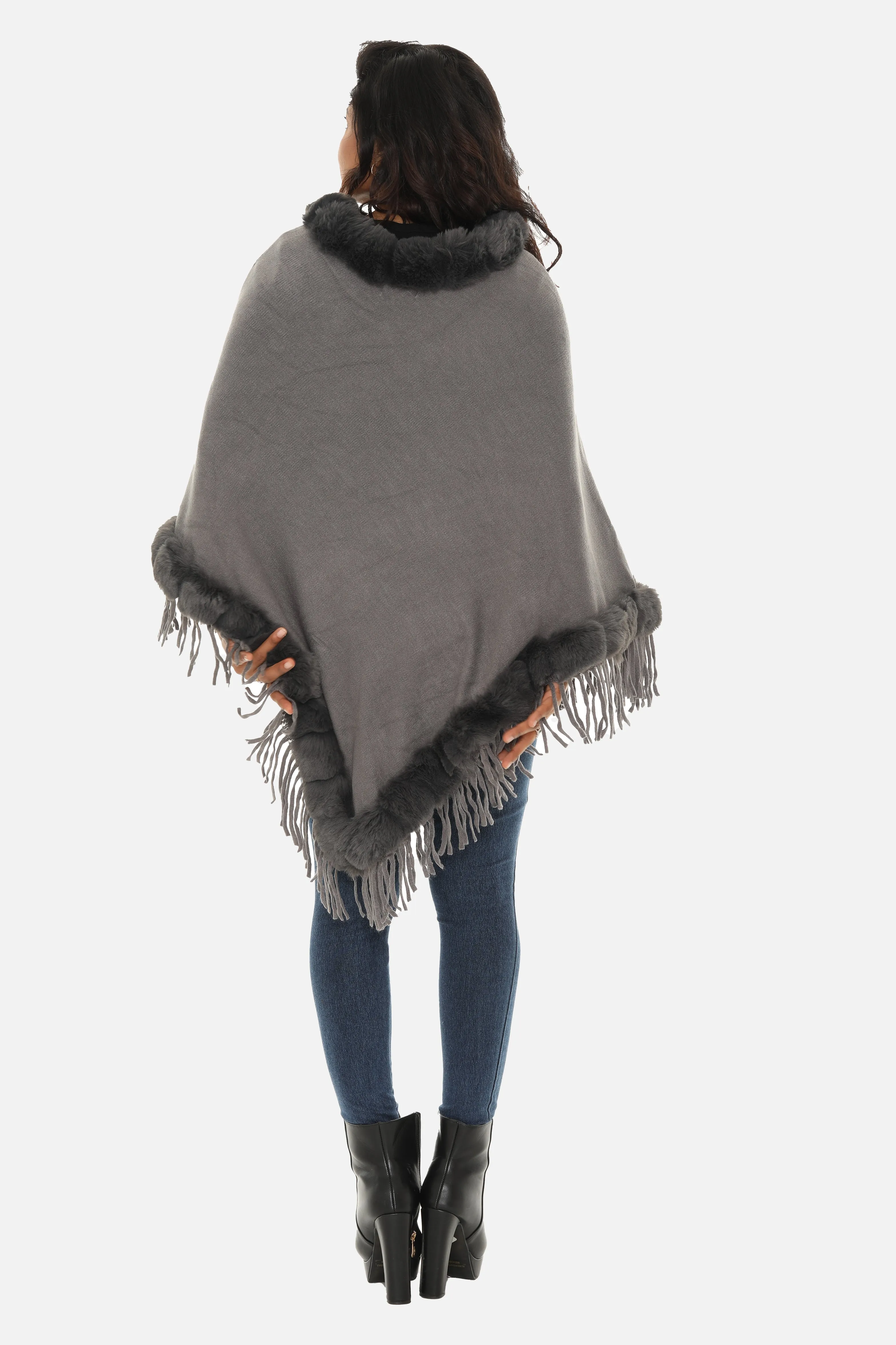 Faux Fur Solid Trimmed Poncho