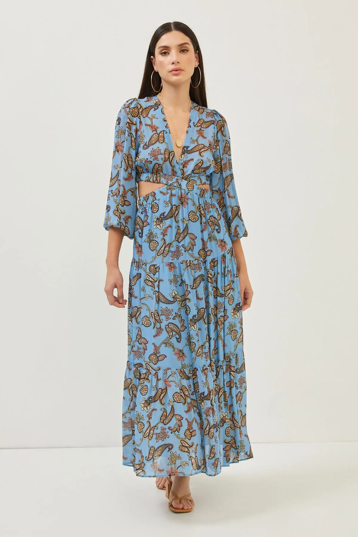 Floral Print Blue Cut Out Detail Maxi Dress