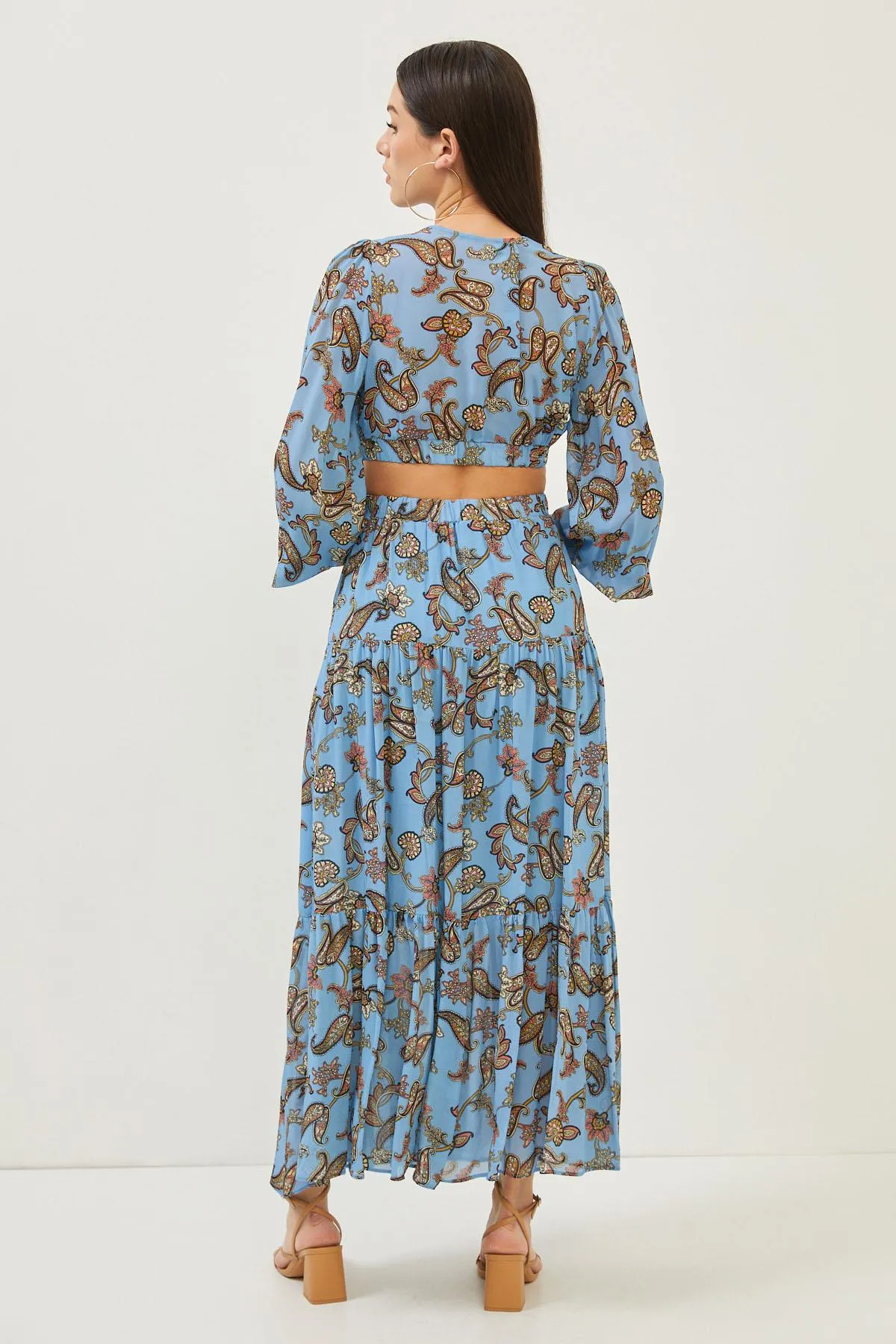 Floral Print Blue Cut Out Detail Maxi Dress