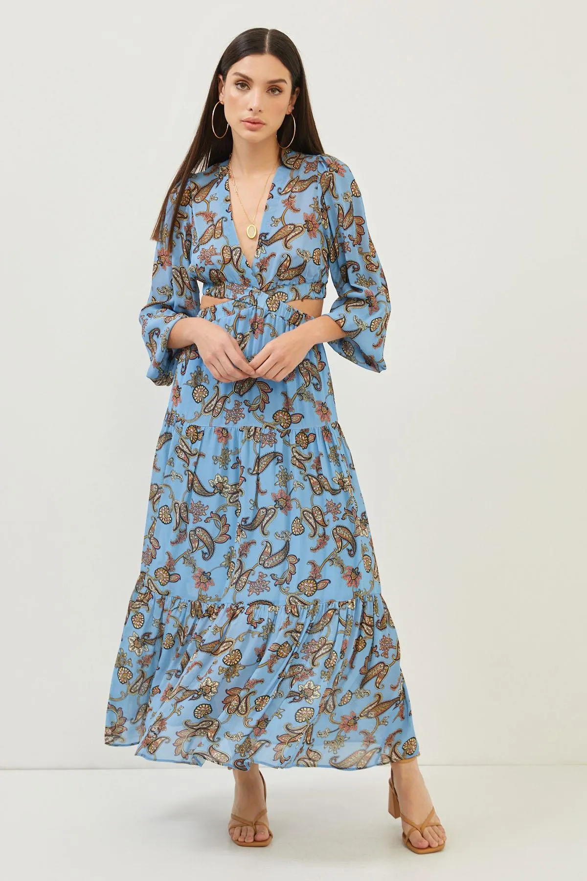 Floral Print Blue Cut Out Detail Maxi Dress