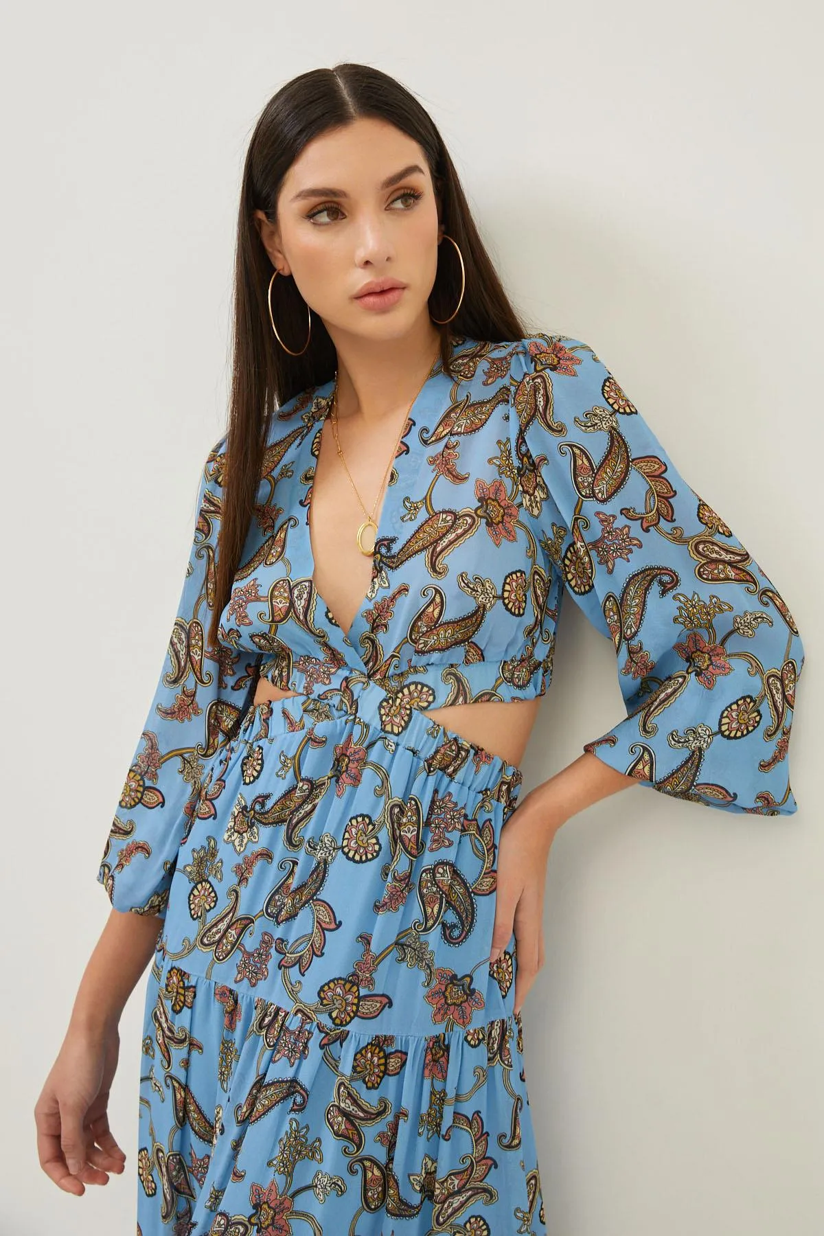 Floral Print Blue Cut Out Detail Maxi Dress