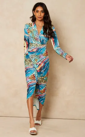 Forever blues multi animal print high low midi dress