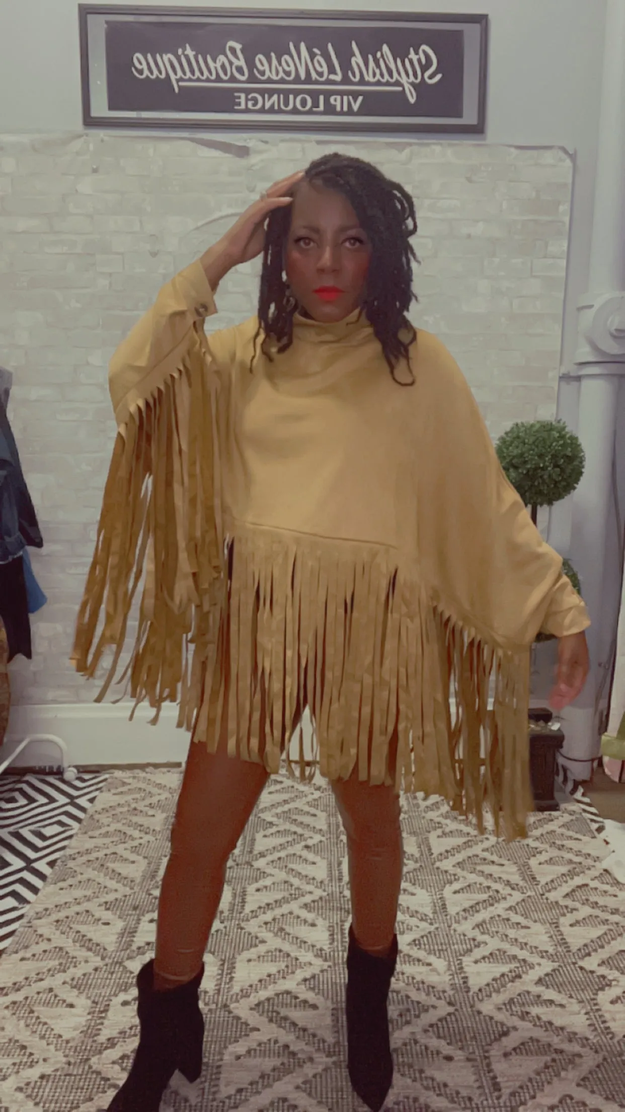 Fringe Faux Suede Zip Back Funnel Neck Poncho