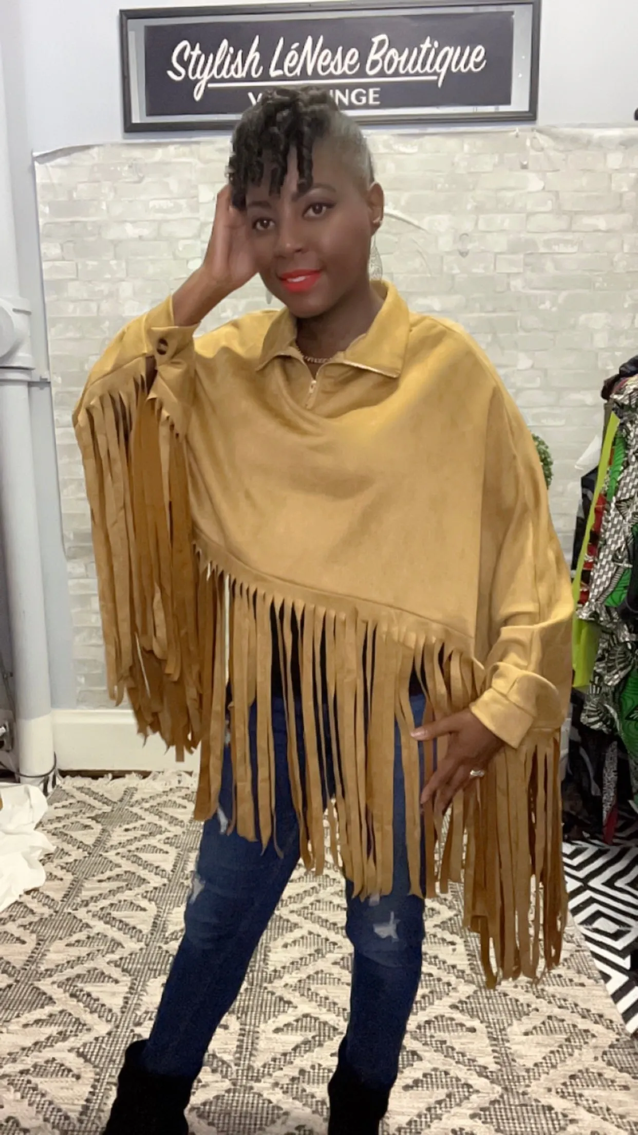 Fringe Faux Suede Zip Back Funnel Neck Poncho