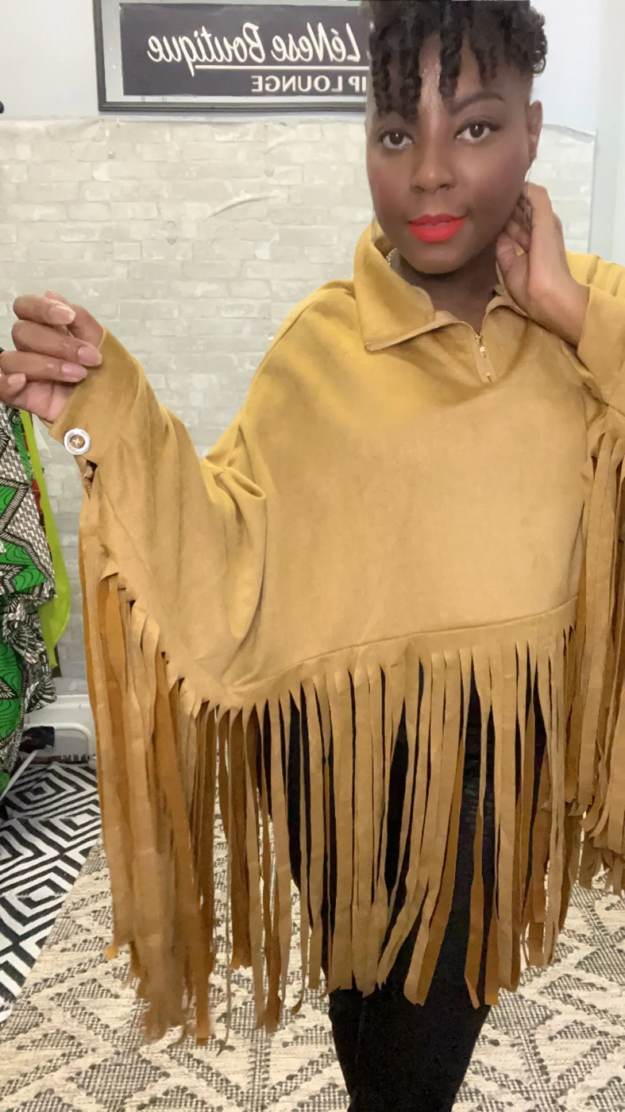 Fringe Faux Suede Zip Back Funnel Neck Poncho