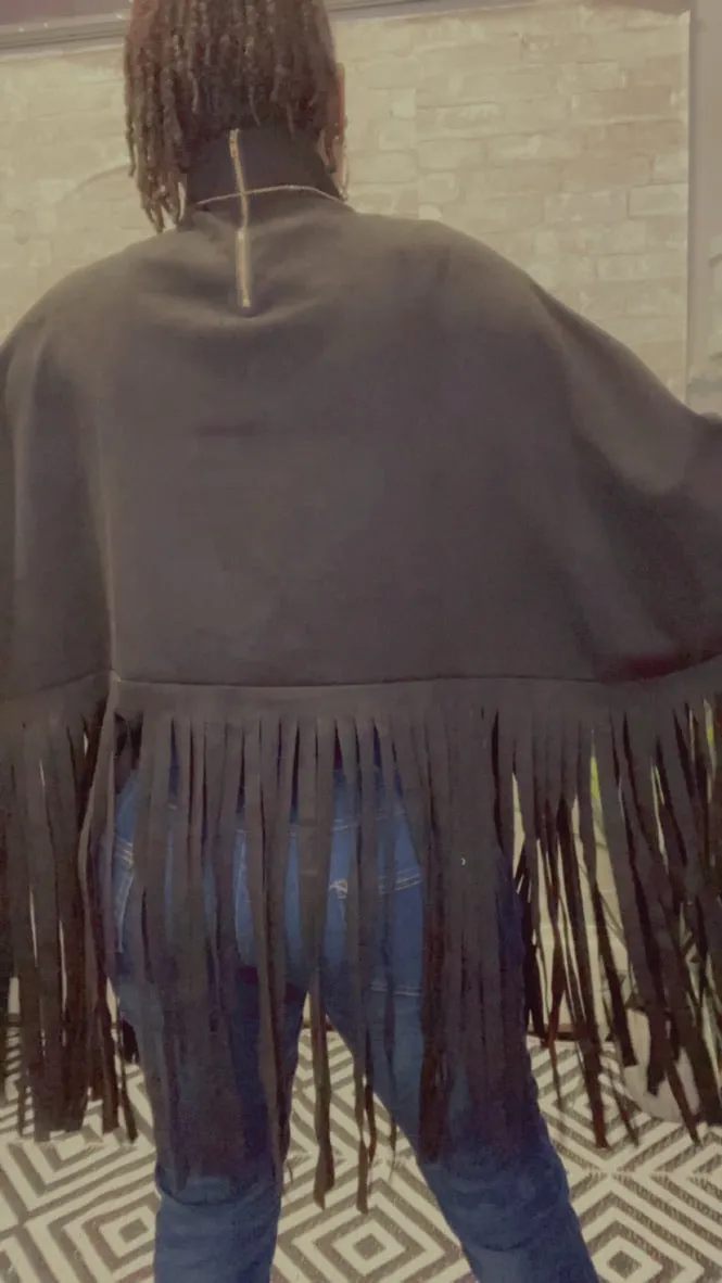 Fringe Faux Suede Zip Back Funnel Neck Poncho