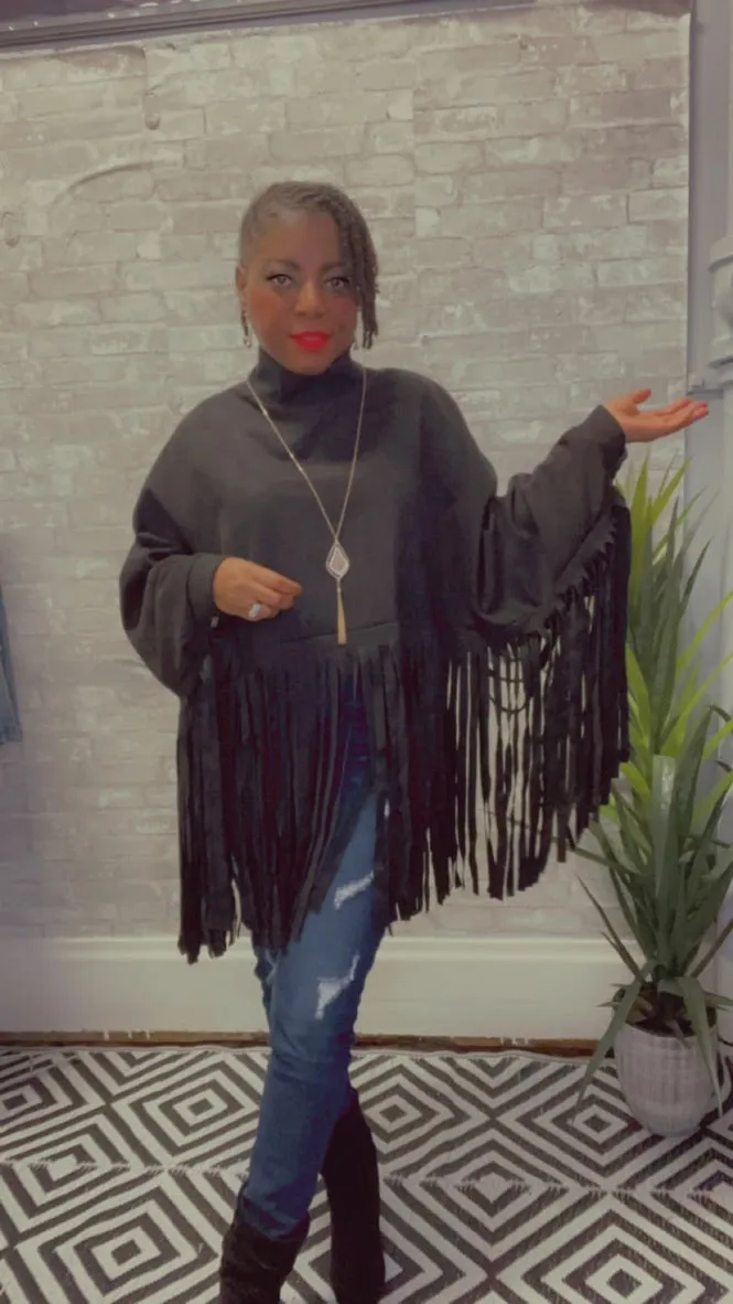 Fringe Faux Suede Zip Back Funnel Neck Poncho