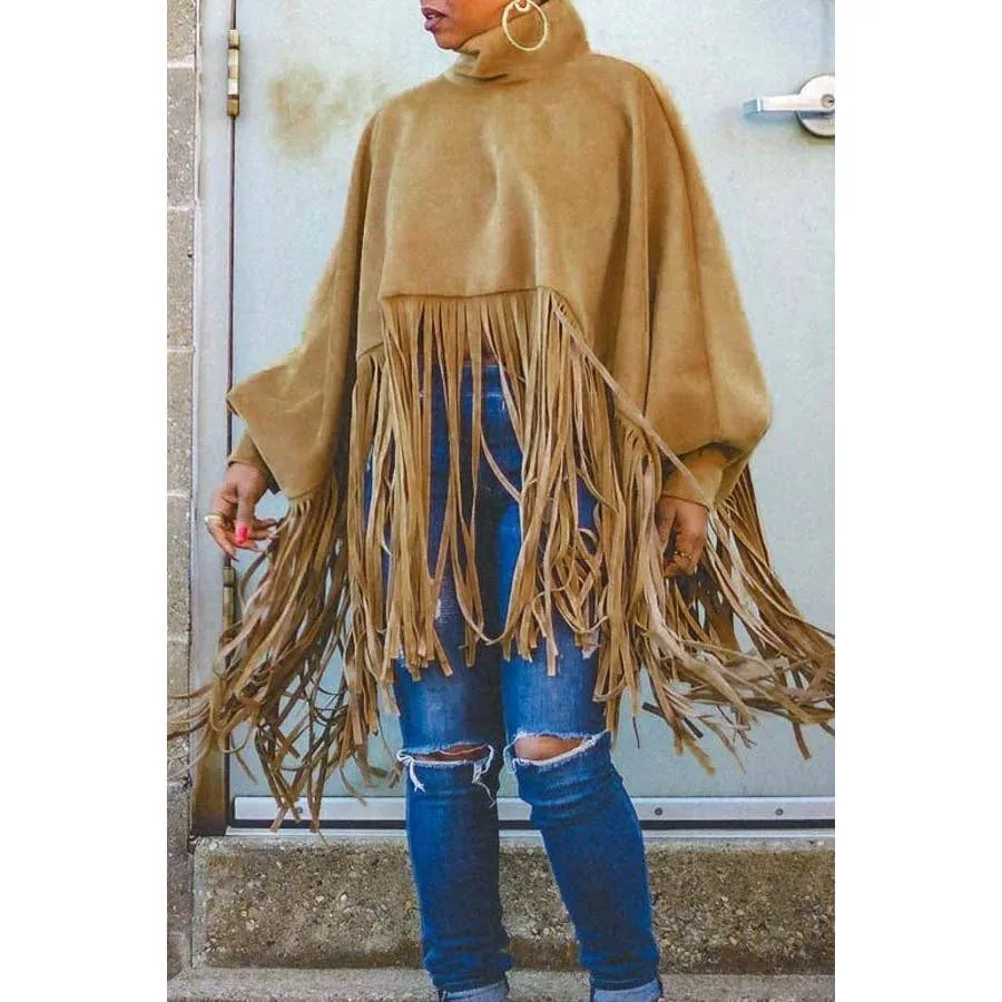 Fringe Faux Suede Zip Back Funnel Neck Poncho