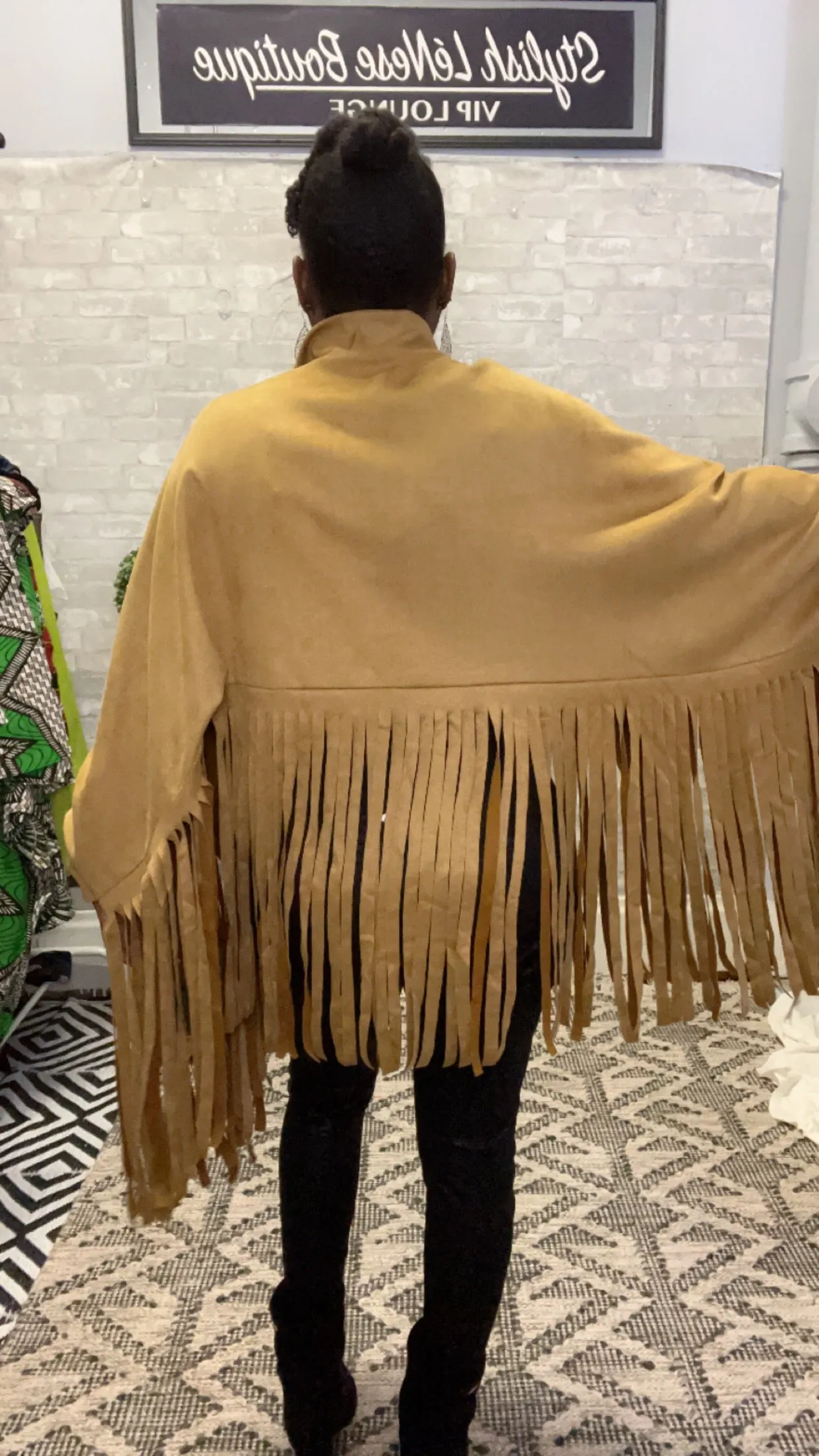 Fringe Faux Suede Zip Back Funnel Neck Poncho