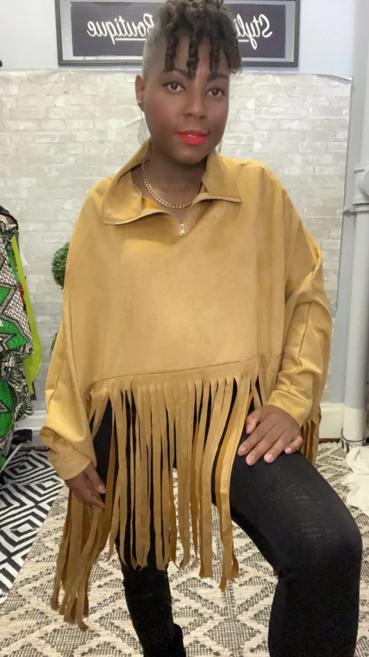 Fringe Faux Suede Zip Back Funnel Neck Poncho