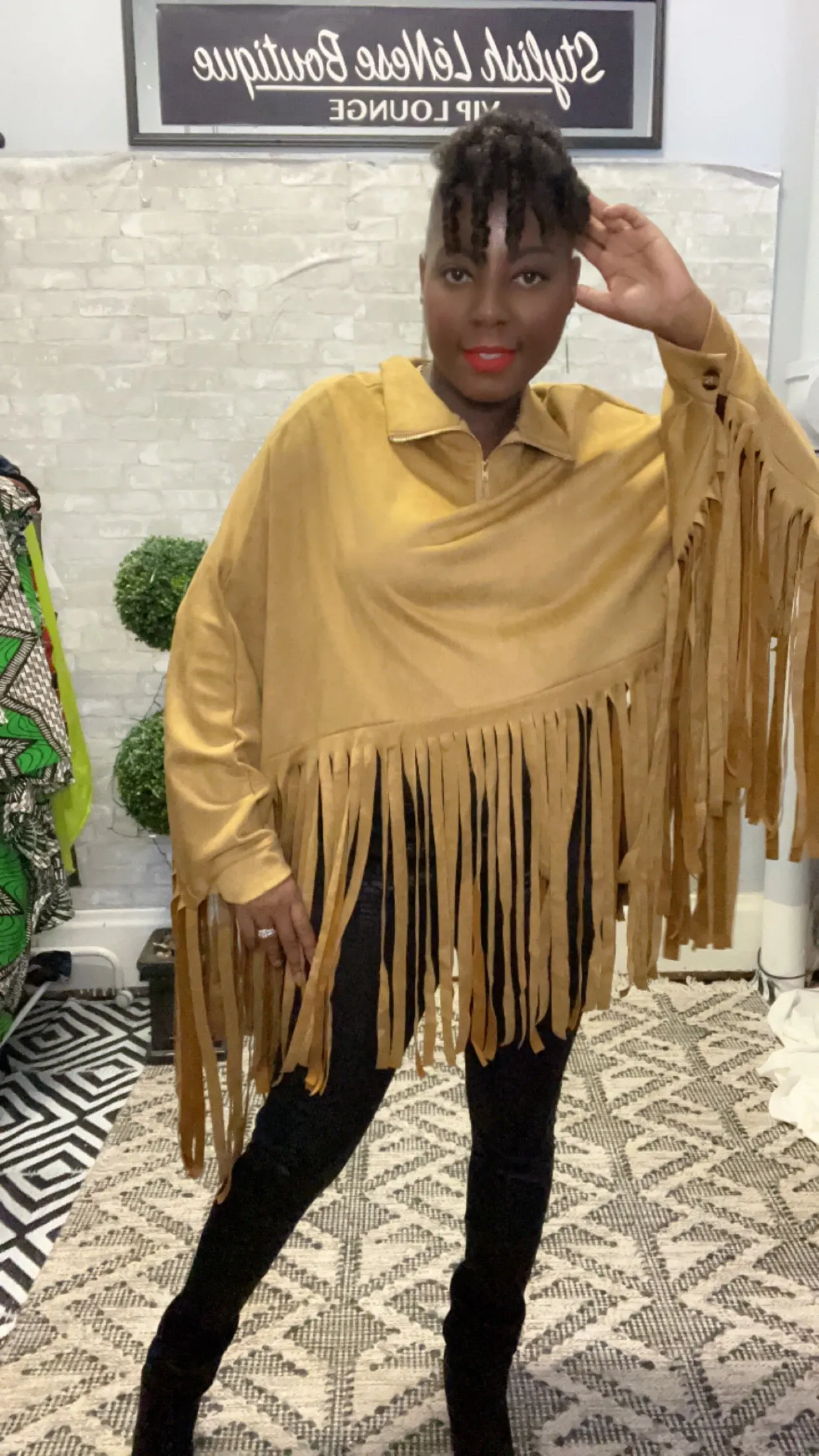 Fringe Faux Suede Zip Back Funnel Neck Poncho