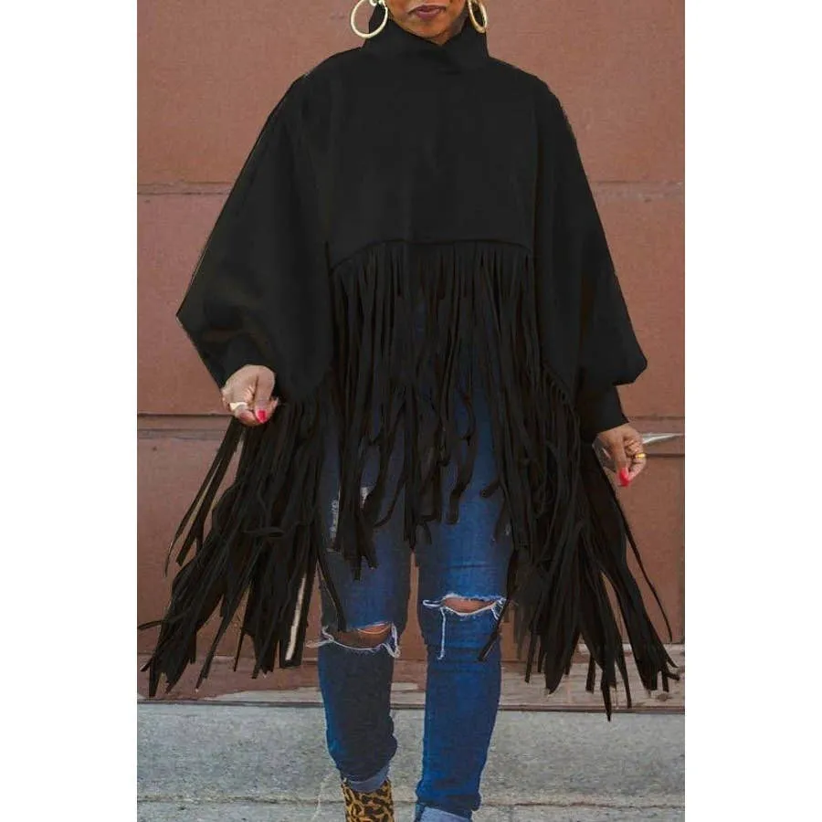 Fringe Faux Suede Zip Back Funnel Neck Poncho