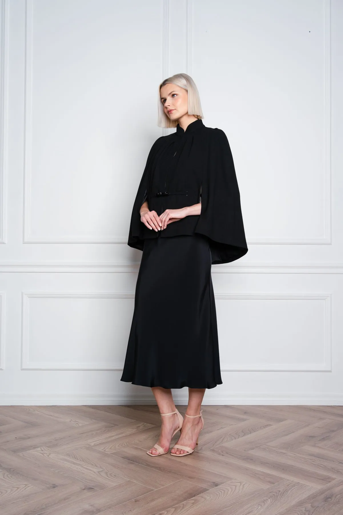 GALATELLA BLACK WOOL CREPE CAPE WITH CRYSTAL BELT