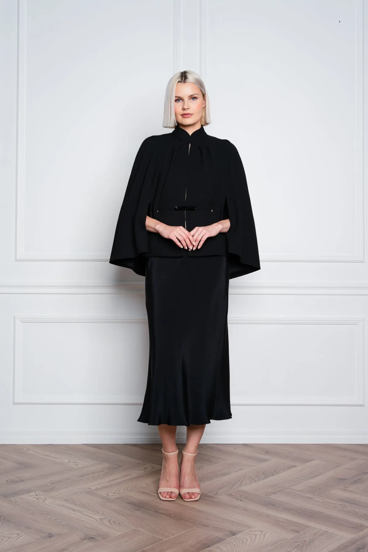 GALATELLA BLACK WOOL CREPE CAPE WITH CRYSTAL BELT