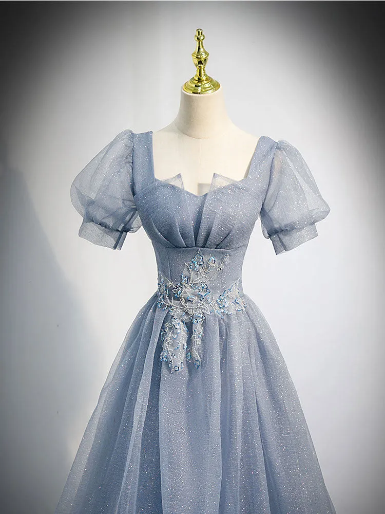 Gray Blue Tulle Long Prom Dress, Gray Blue Tulle Formal Evening Dresses