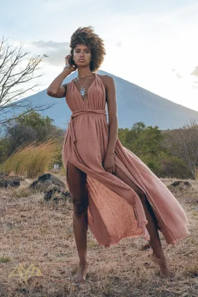 Greek Goddess Dress • Rose Gold Long Maxi Belted Dress