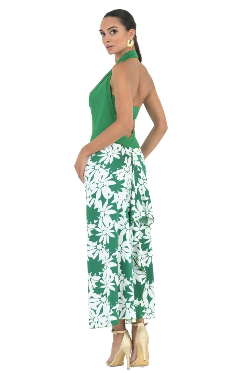 Green Floral Open Back Dress