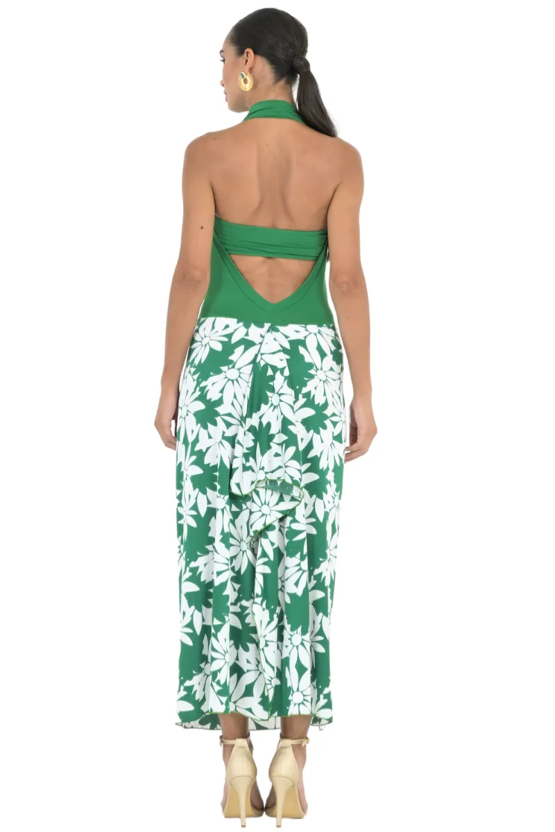 Green Floral Open Back Dress