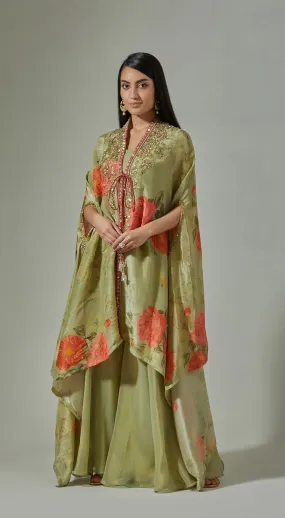 Green Printed Sharara & Cape Set