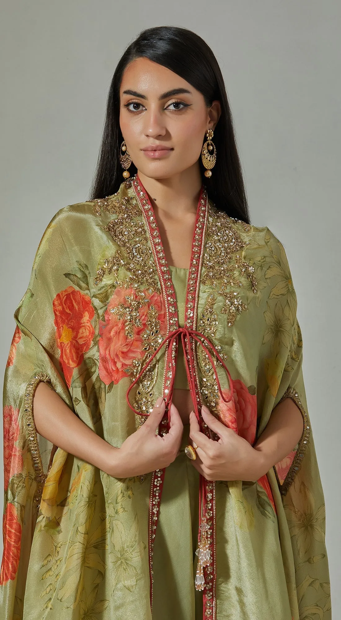 Green Printed Sharara & Cape Set