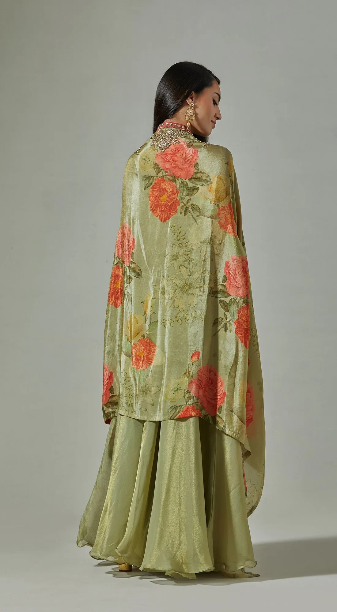 Green Printed Sharara & Cape Set