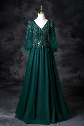 Green V-Neck Tulle Beads Long Prom Dress, Elegant Long Sleeve Evening Party Dress