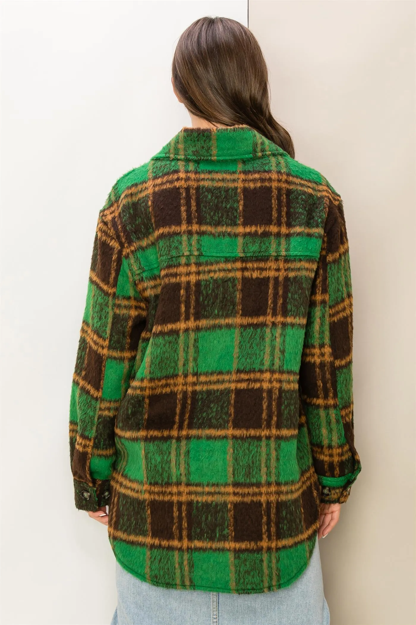 HF23G284-Fuzzy Mohair-like Plaid Shacket